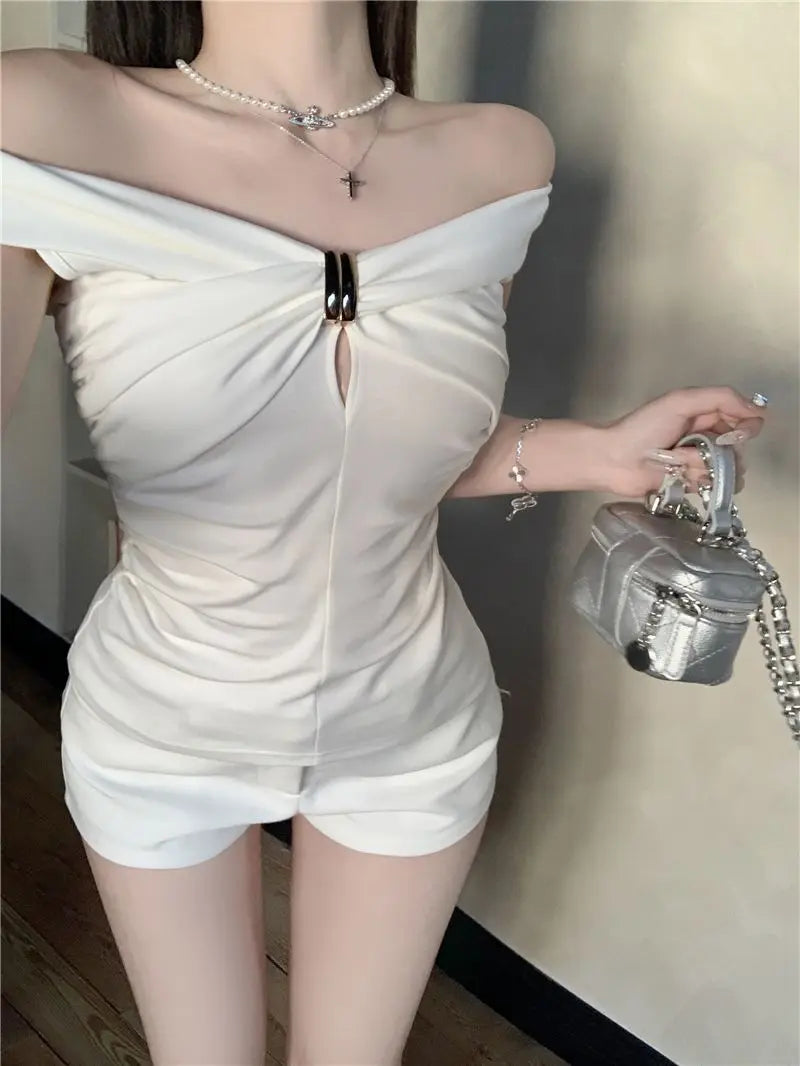 Summer Solid Color Sexy Off Shoulder Tops Lace Up Sleeveless T-Shirt Casual Slim  Top Black Short Sleeve Wome