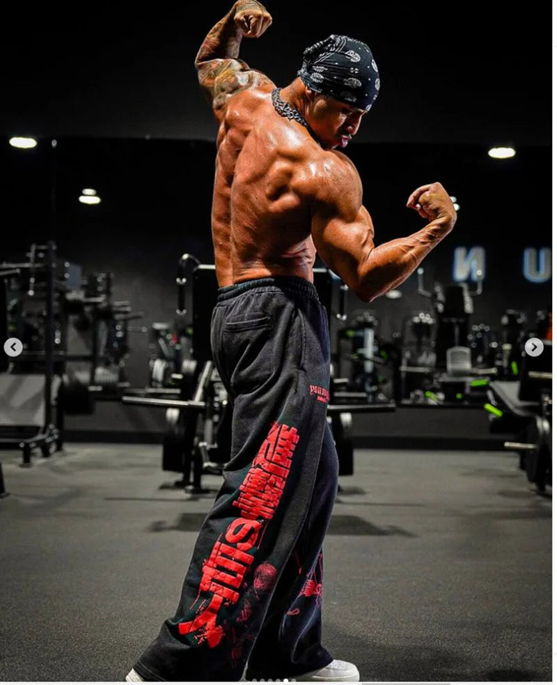 new 2026 American sports pants gym fitness running training pants cotton wool print wide leg pants