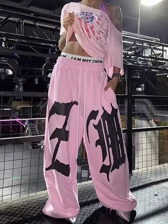 American Hiphop Street Dance Letter Print Loose Sports Pants Double Waist for Women Casual Wide Leg Pants Comfortable Fit