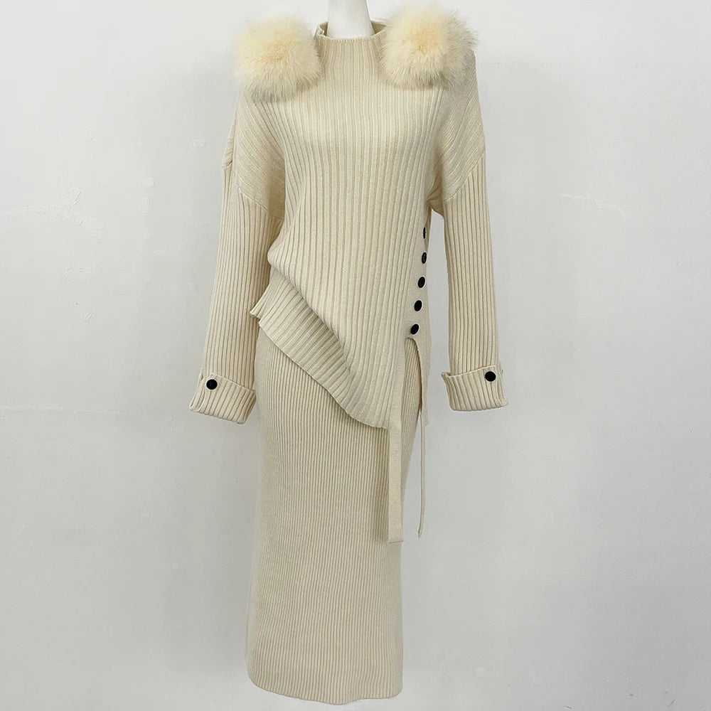 Sweater Set Warm suit Women Winter Knitted Suits two Piece Set Natural fox fur collar Sweater + Loose Trousers Office Lady Suit