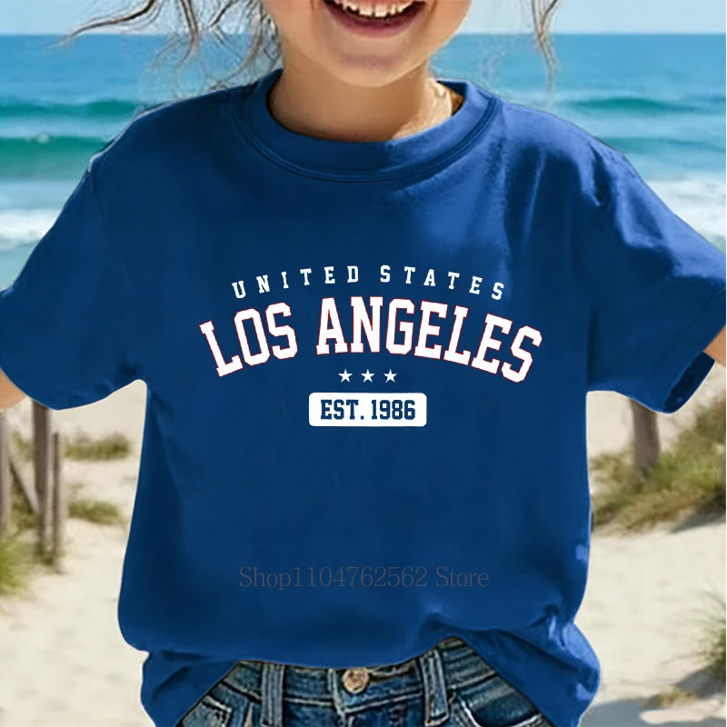 Summer Children Casual Fashion T-shirts Los Angeles Graphic Print Colorful Tops Girls Boys O-Neck Loose Short Sleeve Kids Tees