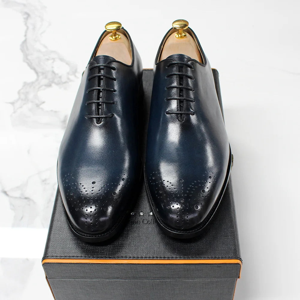 Genuine Leather Mens Formal Shoes Handmade Classic Whole Cut Oxfords Business Lace-up Plain Toe Wedding Dress Shoes for Men