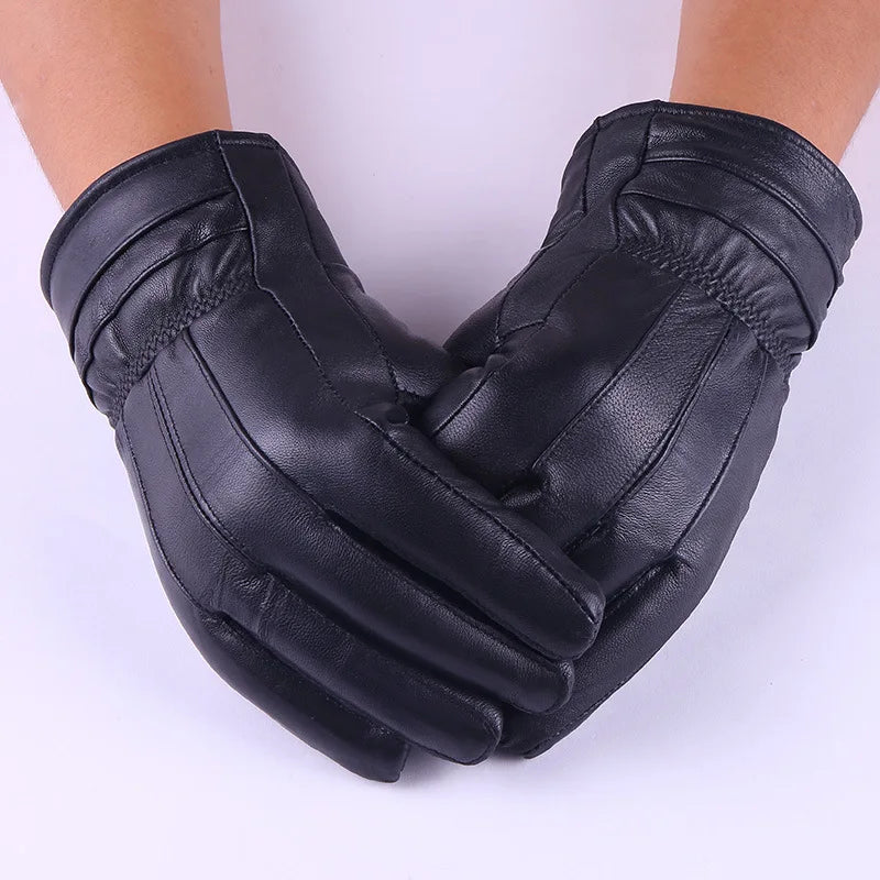 Genuine Leather Gloves (Men/Women): Fleece-Lined Warm, Thin/Thick Cotton, For Motorcycle Riding, Autumn/Winter,  Drop-Shipping