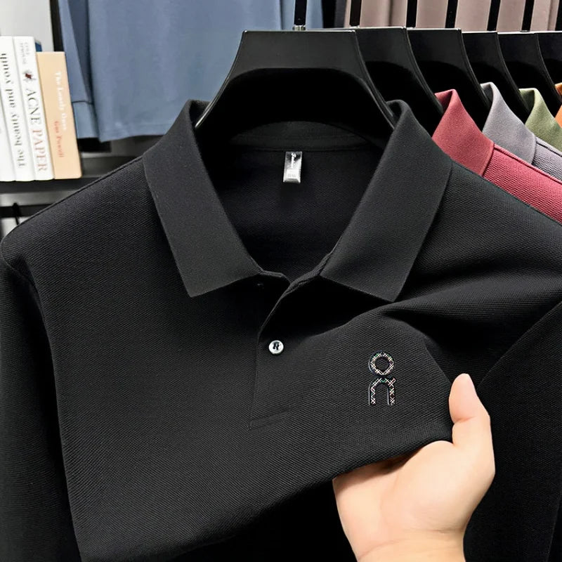 100% pure cotton polo shirt long sleeved men's brand fashionable embossed T-shirt sports breathable spring autumn casual new top