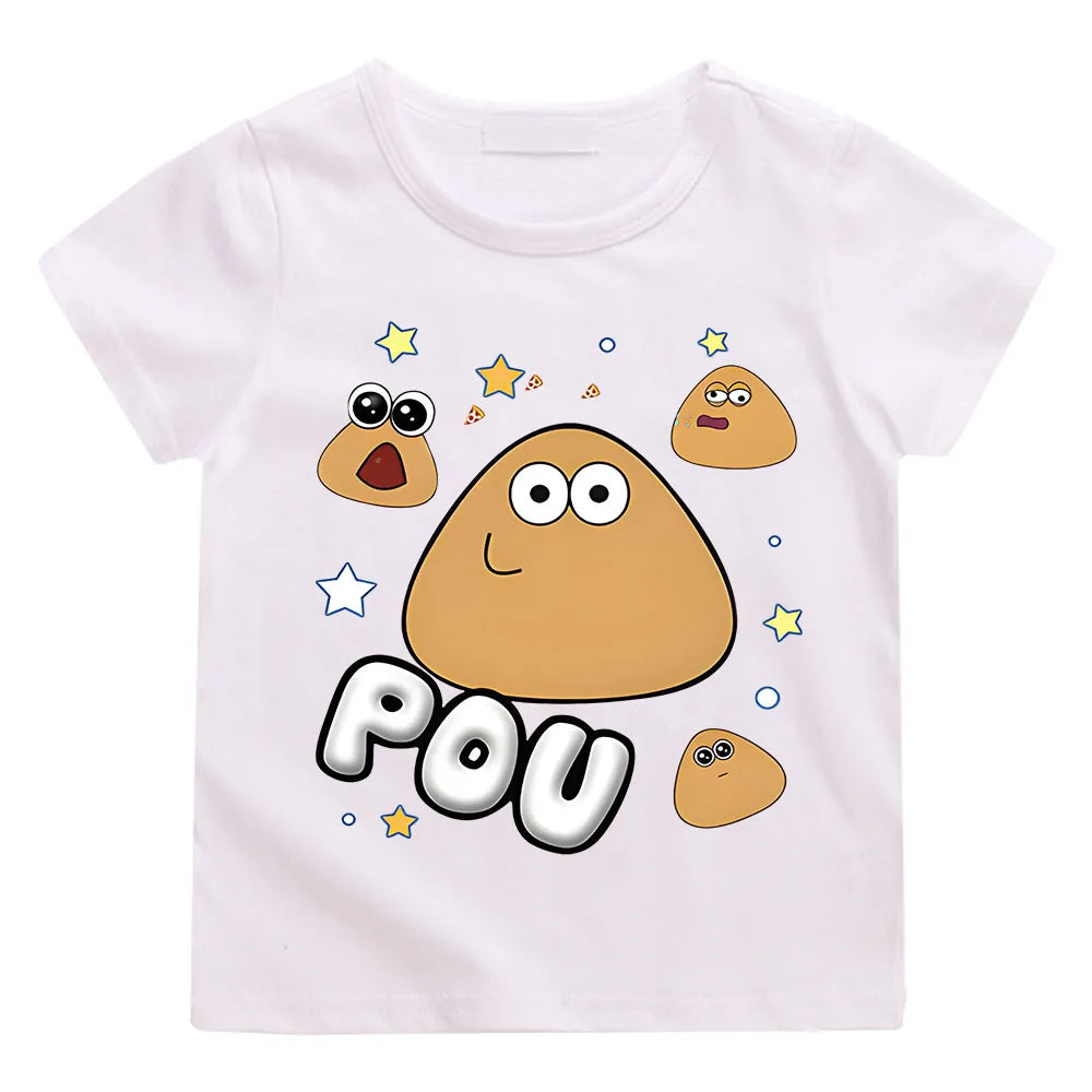POU Kawaii Print Anime T-shirts Kids Cartoon Manga Tshirt Kawaii Comic Cotton Short Sleeve Boys/Girls T Shirt Teens Streetwear