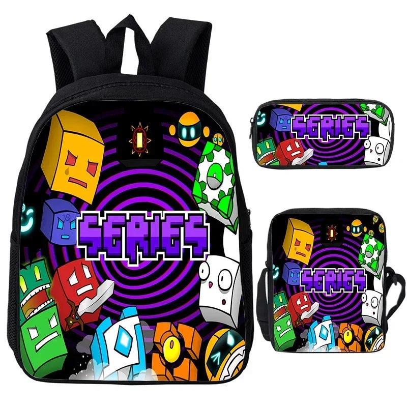 Large Capacity Bookbag 3pcs Set Boys Girls School Bags Angry Geometry Dash Cartoon Print Children Backpack Back To School Gifts