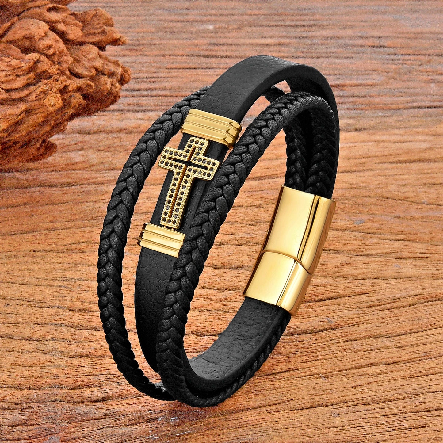 Mens Bracelet Fashion Hand-made Leather Personality Religion Jewelry Brass Microinlay Cubic Zirconia Bangles for Women Gifts