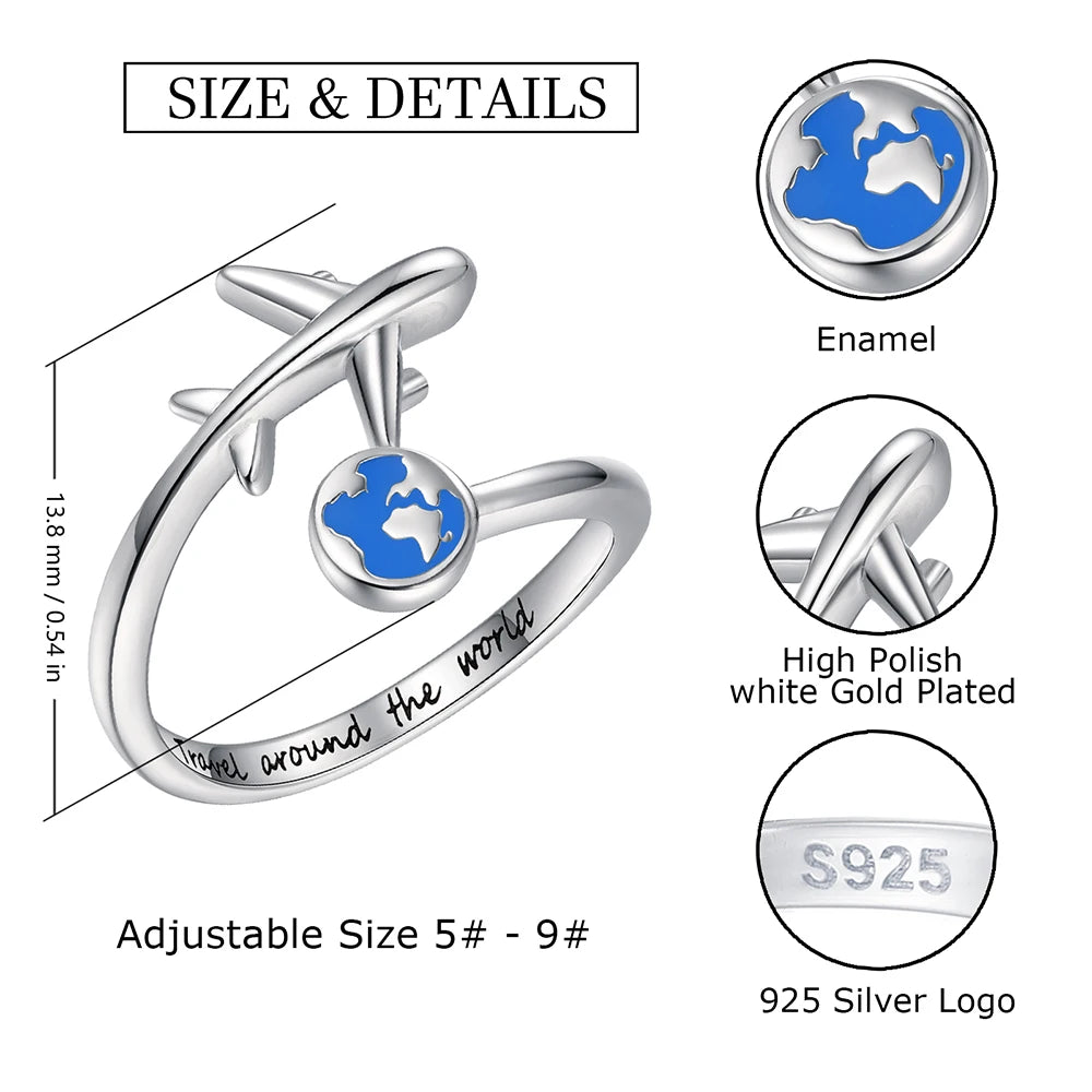 925-Sterling-Silver Adjustable Open Airplane Rings Engraved "Travel Around the Word"Engagement Ring Gifts for Women Teen Girls