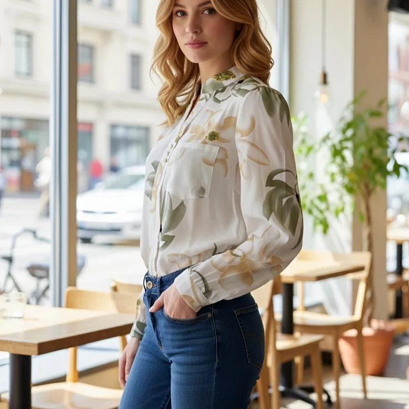 Women's Long Sleeve Chiffon Blouse, V-Neck Tops, Slim Fit Shirt, Office Lady Fashion Print Clothing, Spring, 2024 New, 882G
