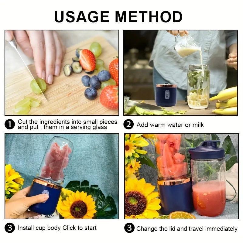 400ml USB Portable Blender, 1500mAh Rechargeable Smoothie Maker with 6 Stainless Steel Blades, Mini Juice Shaker Bottle for Home