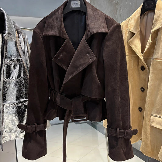 YOLOAgain Real Leather Jacket Women With Belt Lapel Oversized Dark Brown Suede Jacket Coat Ladies