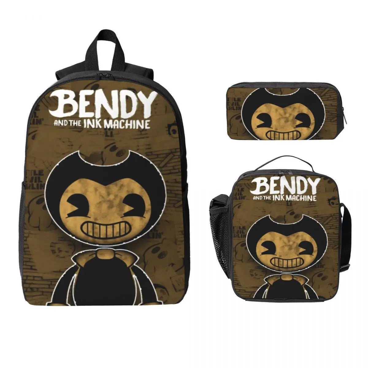 3Pcs Bendys And The Dark School bags Set for Boy Girl Pen Bags Backpack Sets with Lunch Box For School Students Knapsack