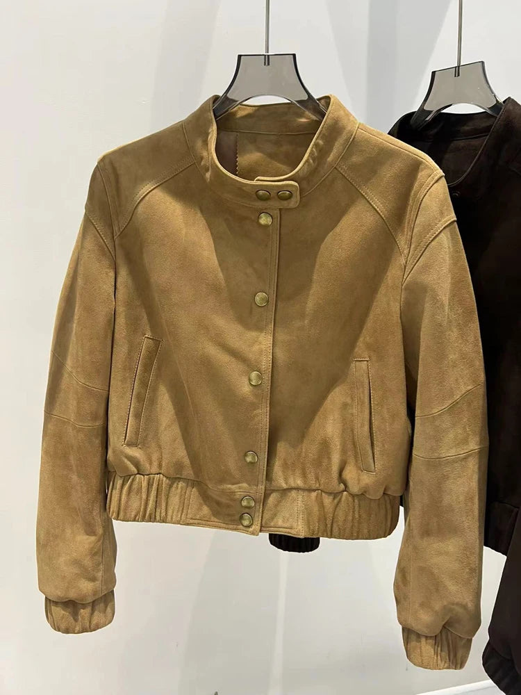 2025 Imported Goat Suede Jacket For Women Retro Standing Collar Versatile Slimming Elastic Waist  Leather Coat Chaquetas Bomber