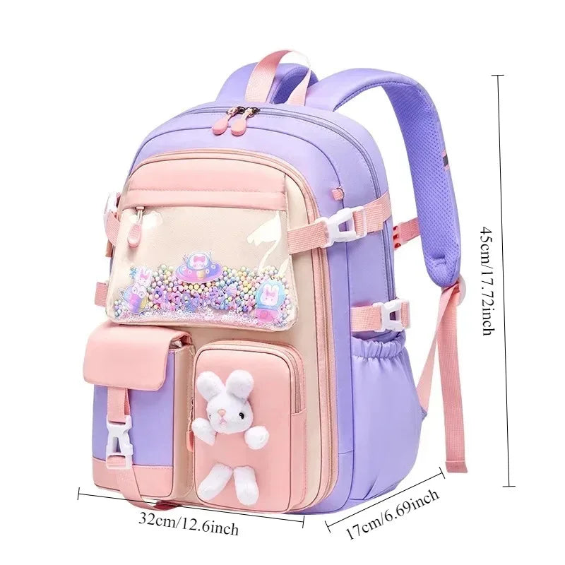 School Bag Oxford Cloth Polyester Waterproof Cute Cartoon Backpack Girls Spine Protection Rucksack Daily Campus Commuting Bag