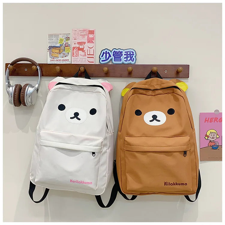 Rilakkuma Kawaii Cartoon Backpack Waterproof Nylon Large Capacity Embroidery School Bag For Young Adult Daily Travel Campus Work