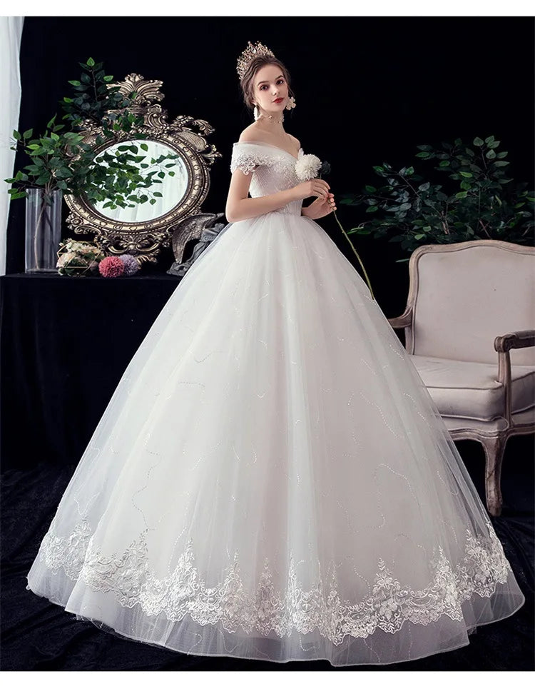 Shiny Wedding Gowns Sweet Boat Neck Wedding Party Ball Gown Off Shoulder Wedding Dresses Customized For Women