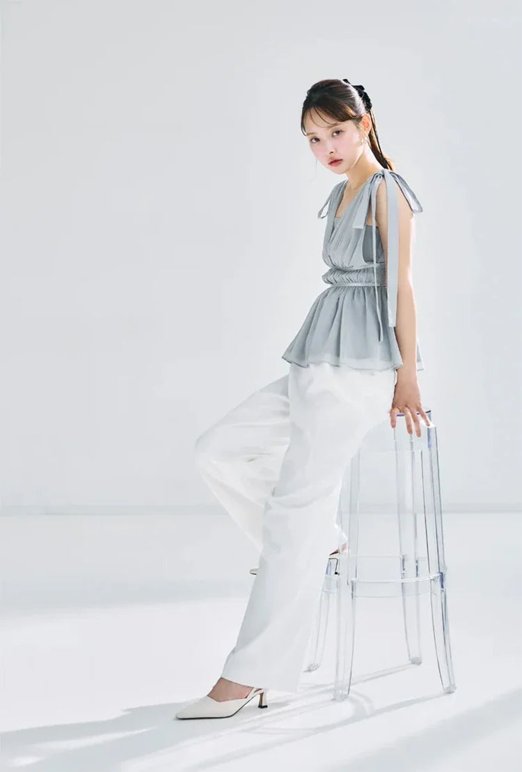 Women's Tops Summer Bow Tie Sweet Elegant Blouse Femme V Neck Shirt Waist-Cinching Japanese Style Sleeveless Chiffon Blouse