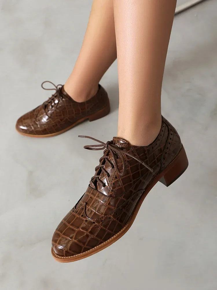 Women Shoes Spring New Fashion Round Toe Lace Up Retro Single Shoe for Office Party Walk Thick Low Heeled Big Size 48 775-1