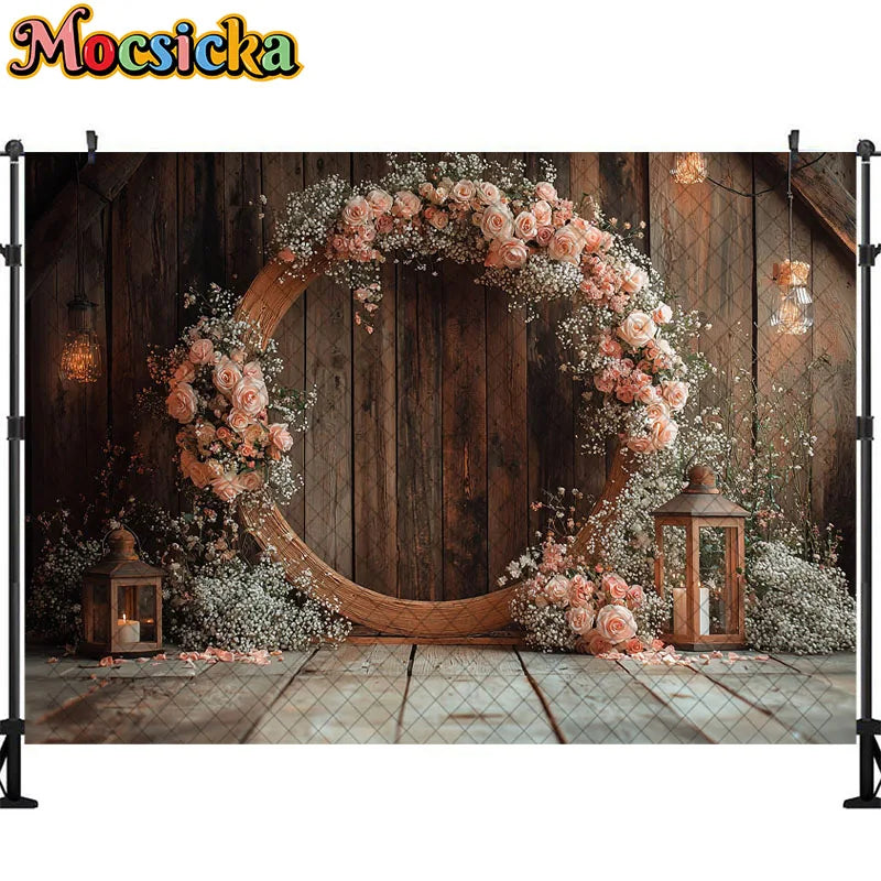 Wedding Theme Photography Background Round Wreath Wooden Wall Decoration Couple Wedding Scene Supplies Backdrop Studio Props