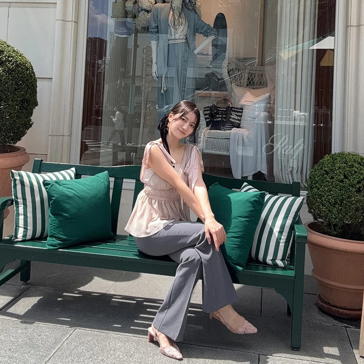 Women's Tops Summer Bow Tie Sweet Elegant Blouse Femme V Neck Shirt Waist-Cinching Japanese Style Sleeveless Chiffon Blouse