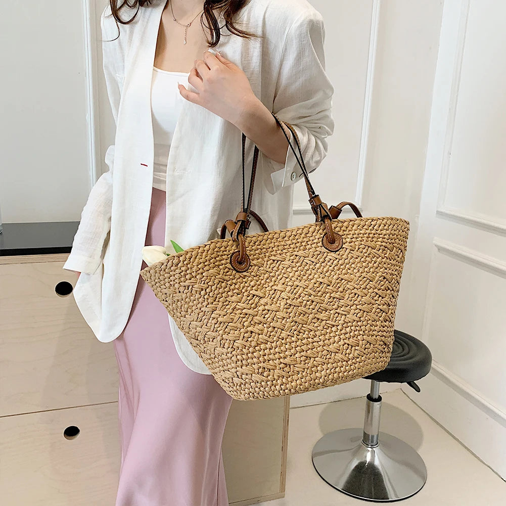 Women Woven Tote Bag Fashion Shoulder Bag Large Capacity Summer Beach Bags Simple Woven Handbag Chic Hobo Bag for Outdoor Travel