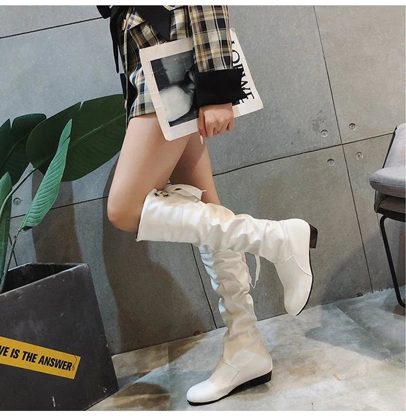 Shoes For Women  Knee High Boots Red Black White Tall Boots Woman Pleated Low Heel Casual Leather Female Long Shoes