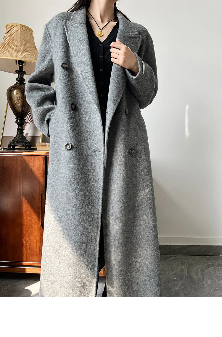 Office Lady Woolen Jackets 2024 Autumn And Winter Suit Collar Double Breasted Warmer Yak Hair Loose Long Women's Wool Coats