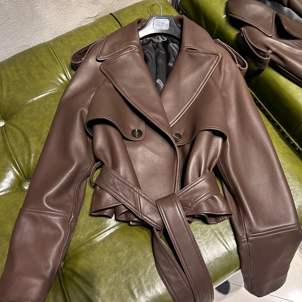 Elegant Black Leather Jacket Women Grained Sheep Leather Jackets New Style Lace-up Leather Jacket