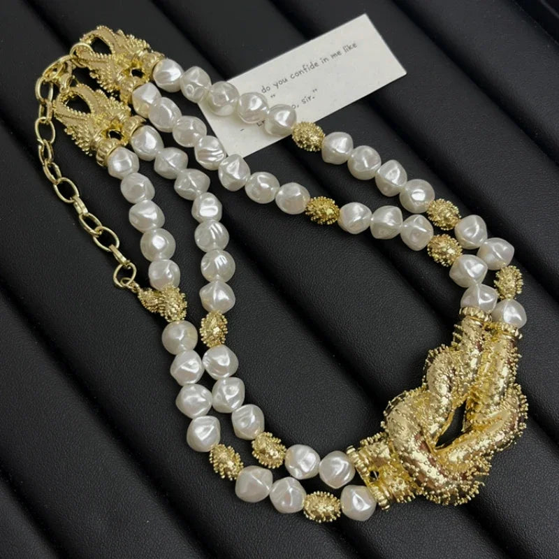 Light luxury high-grade multi-layer pearl necklace retro exaggerated niche alloy collarbone chain women's fashion jewelry
