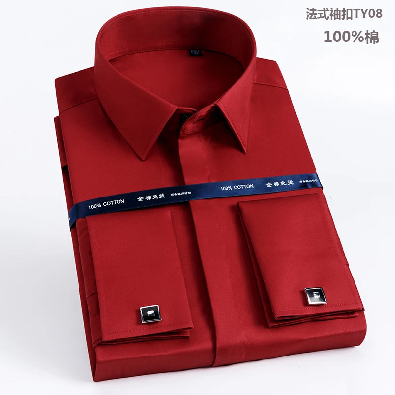 Men's French cufflinks shirt made of pure cotton long sleeved slim fit concealed button, solid color high end wedding dre