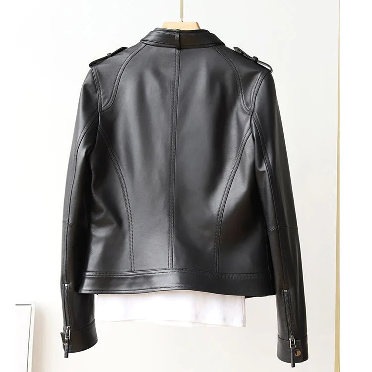 Autumn Clothes Women Genuine Sheepskin Short Locomotive Jaqueta Feminina Stand Collar Slim Vintage Versatile Brown Leather Coat