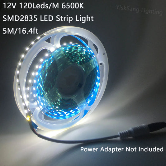 2Pcs 16.4Ft/5M 12V 600 Led Strips with Dc Connector, 8mm Wide, 6500K White Light Led Strip, Self-Adhesive, Cuttable Led Strip for Indoor Bedroom Kitchen Cabinet Lighting, Shopping Mall, Hotel, Office Under-Cabinet Lighting, B