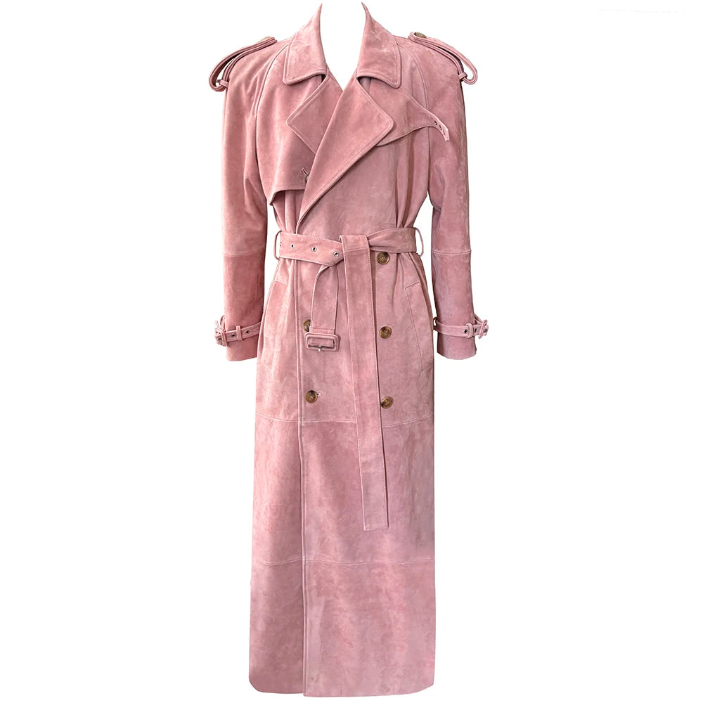 YOLOAgain 150cm Extra Length Real Leather Trench Coat Women Double Breasted Suede Coat Female