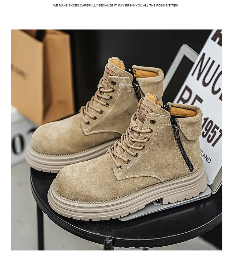 Men's high-quality suede horse boots outdoor casual leather boots thick soled English style short boots fashionable work boots