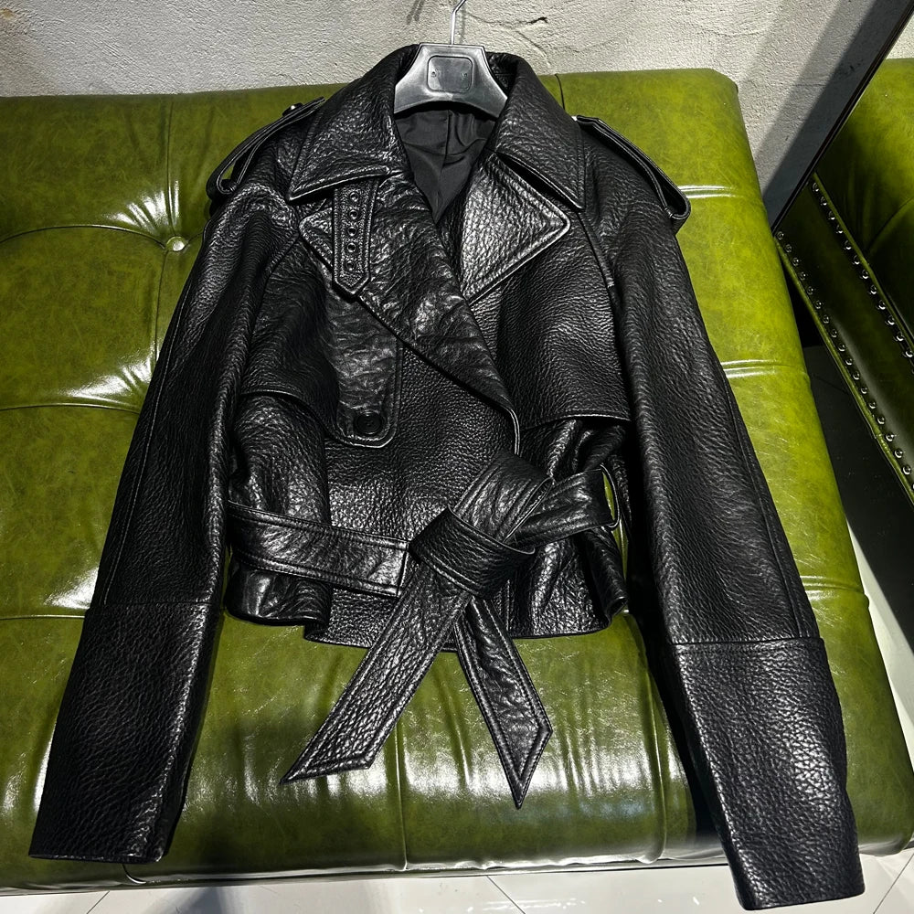 Elegant Black Leather Jacket Women Grained Sheep Leather Jackets New Style Lace-up Leather Jacket