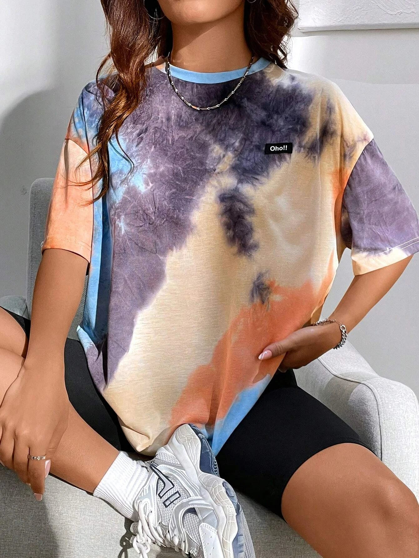 Summer Women TShirt Tie Dye Letters Drooping Shoulders Oversize Loose Short Sleeve Harajuku Y2k Casual Streetwear Women Clothing