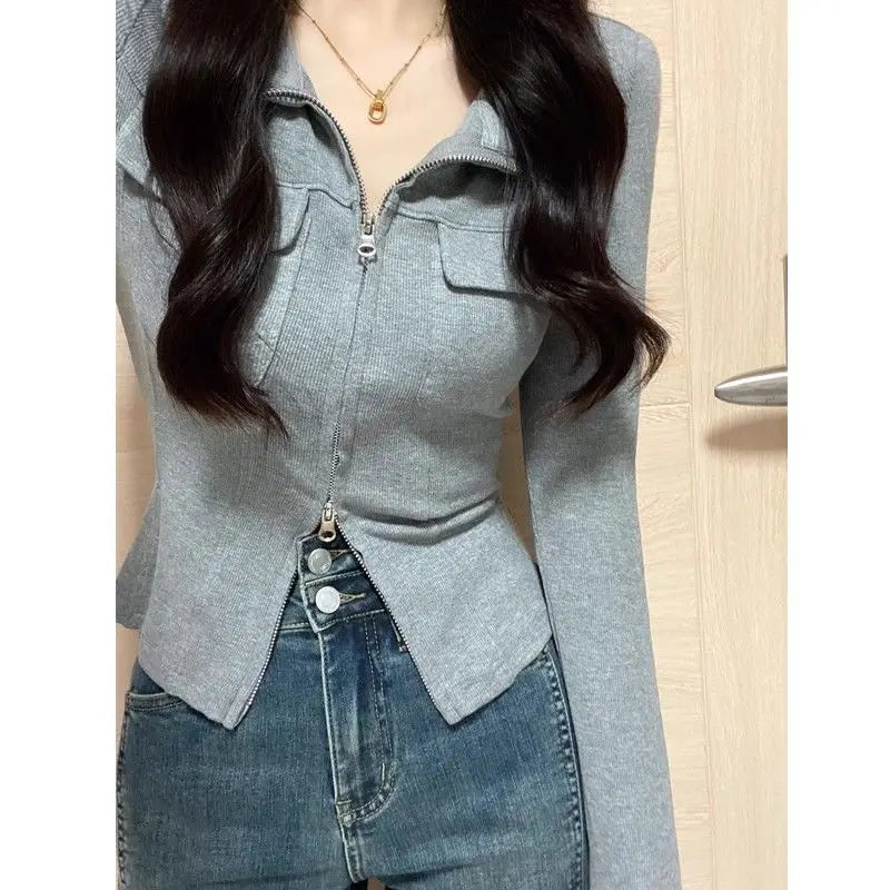 POLO Collar Bottoming Shirt for Women in Autumn Winter Slim Unique Short Long-sleeved Top