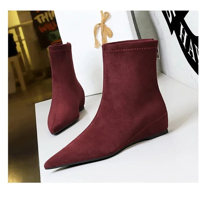 Women Red Pointed Toe Suede Ankle Boots Elegant Woman Inner Heel Short Boots 2024 Autumn Chic Office Female Keep Warm Short Boot