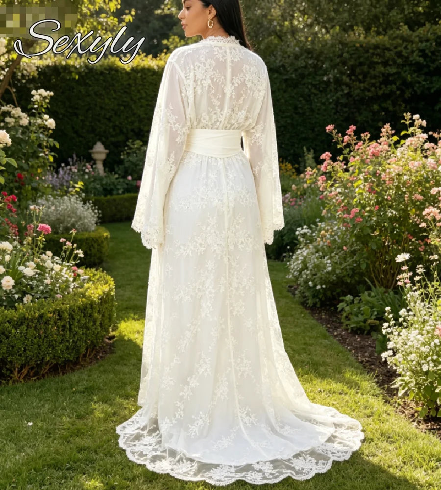 2026 Muslim Wedding Dress White Lace Flare Sleeve Open Front Modest Bridal Gown Dubai Moroccan Caftan Islamic Marocain Party