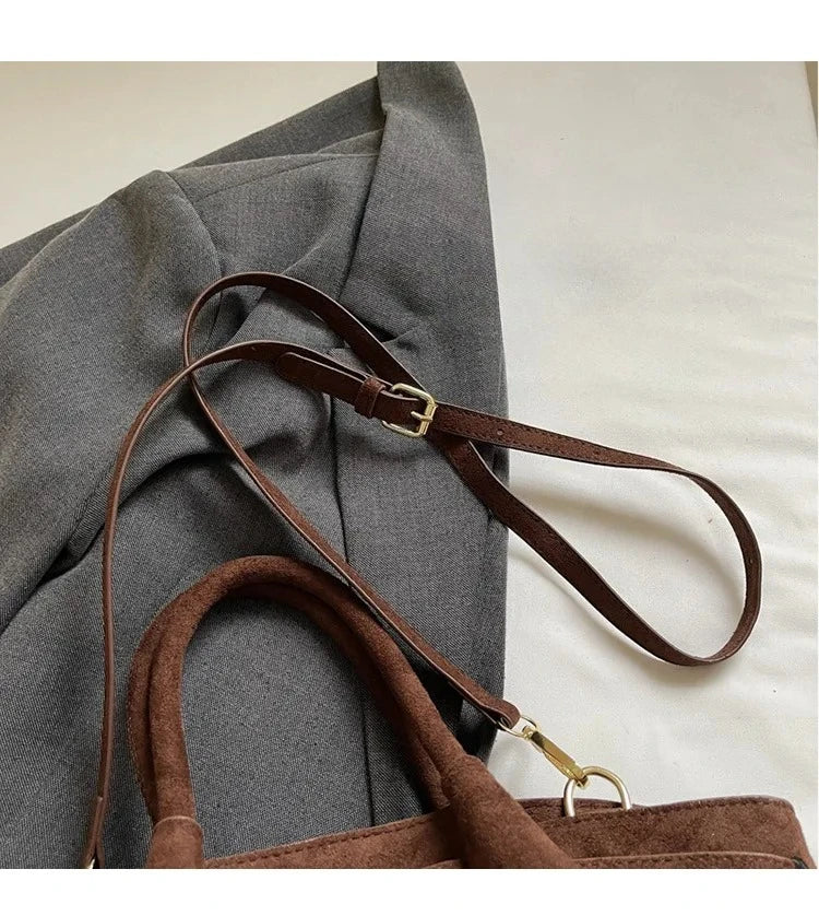 Matte Leather Suede Tote Handbags for Women Large Capacity Retro Shoulder Bag Fall Winter Belt Design Female Crossbody Bags
