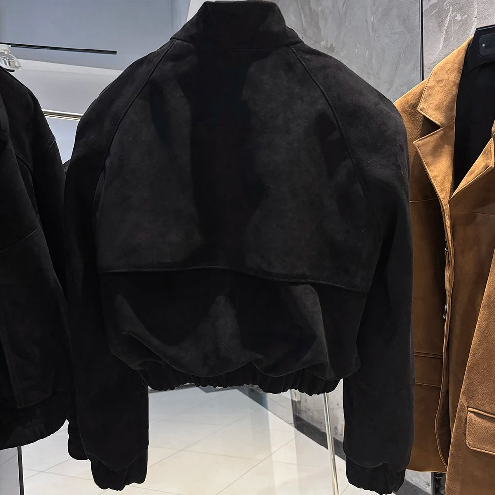 YOLOAgain Suede Leather Jacket Coat Women Real Leather Cropped Jacket Bomber Jacket 2025 Autumn