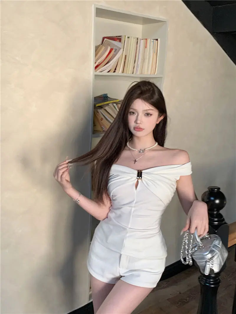 Summer Solid Color Sexy Off Shoulder Tops Lace Up Sleeveless T-Shirt Casual Slim  Top Black Short Sleeve Wome