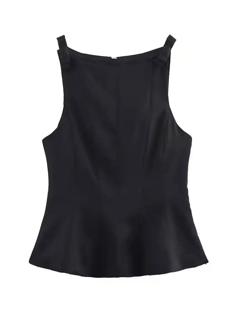 Summer Women Vintage Black Cropped Tops Bow Slim O Neck Sleeveless Off Shoulder Tank Tops Trend Female Casual Chic Vest Top