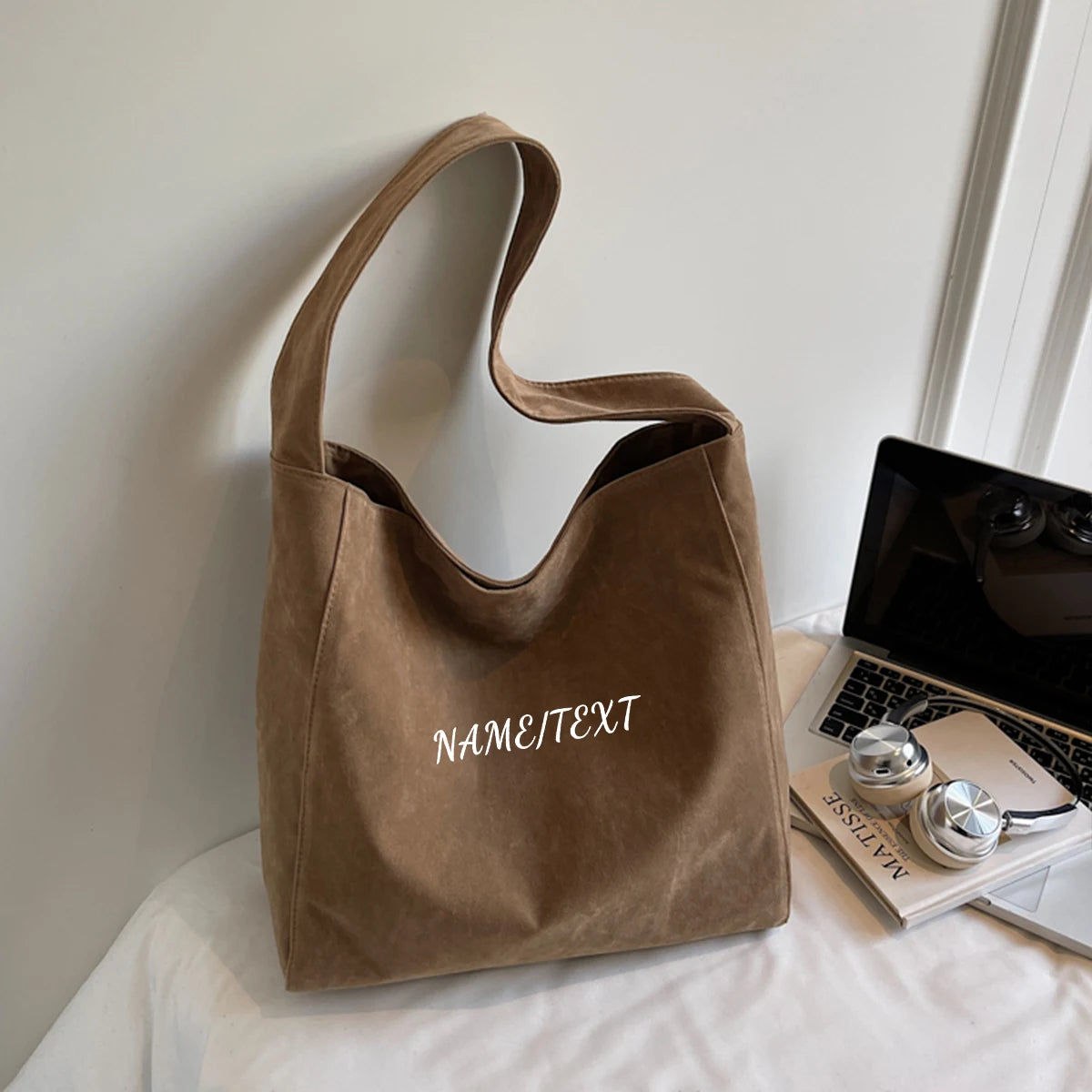 Custom Logo Tote Bag for Women, Large Capacity, Vintage Commuter Vacation Travel Bag, Single Shoulder Handbag, Suede DIY