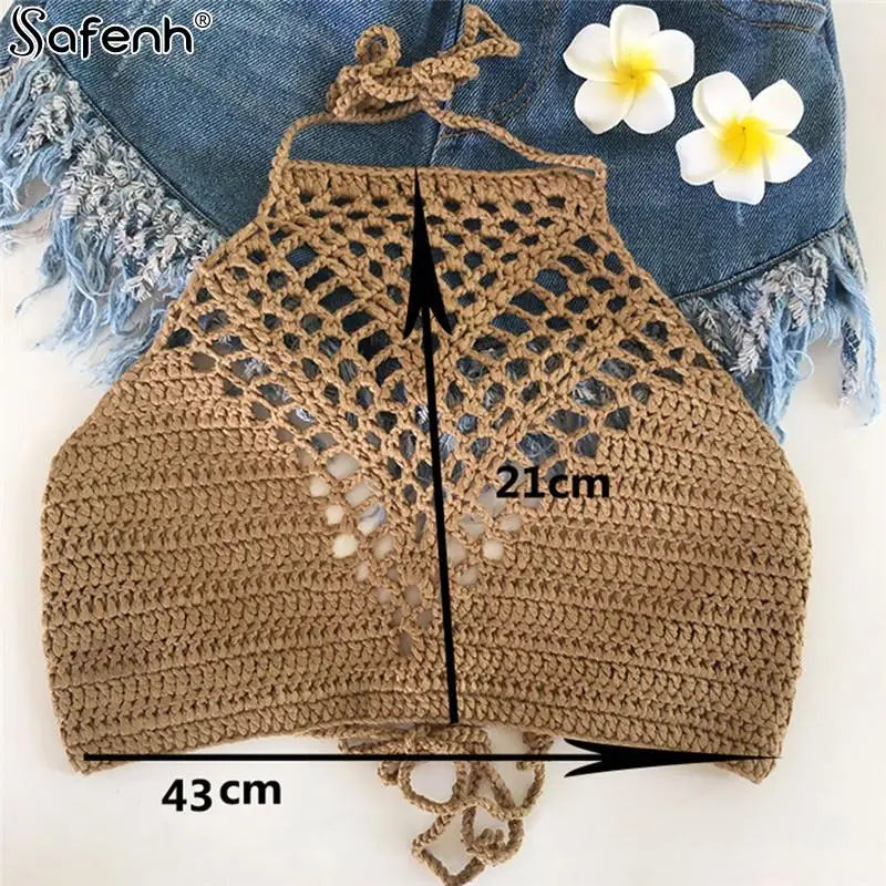 Women Summer Short Vest Sexy Hollow Out Plain White Halter Vest Strap Crop Tops Crochet Bikini Tank Tops Shirt HotSale Crop Top