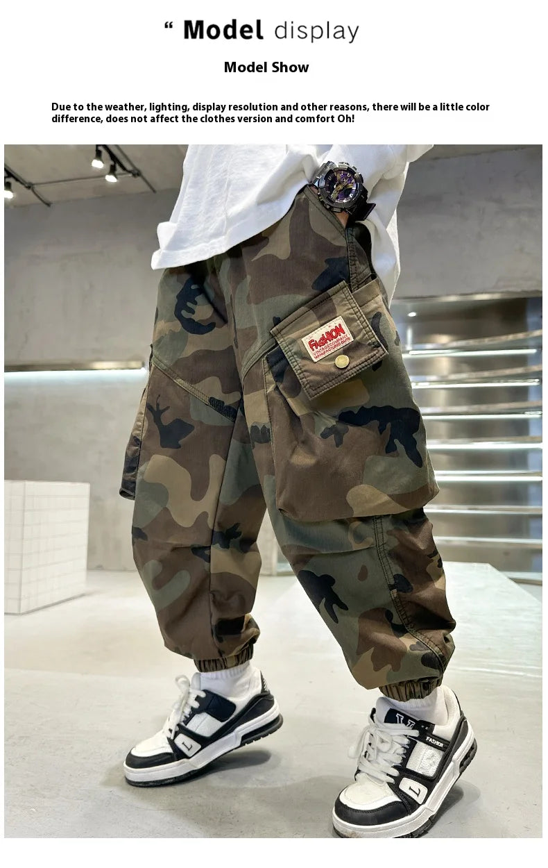 Boys' camouflage pants, fashionable flip pocket work pants, autumn clothes, teenagers' sports ankle tied pants, suitable for com