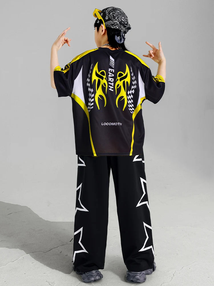 Boys Hip Hop Contrast T-shirt Yellow Vest Sweat Pants Girls Street Dance Jazz Costume Children Clothes Set Kids K-pop Streetwear