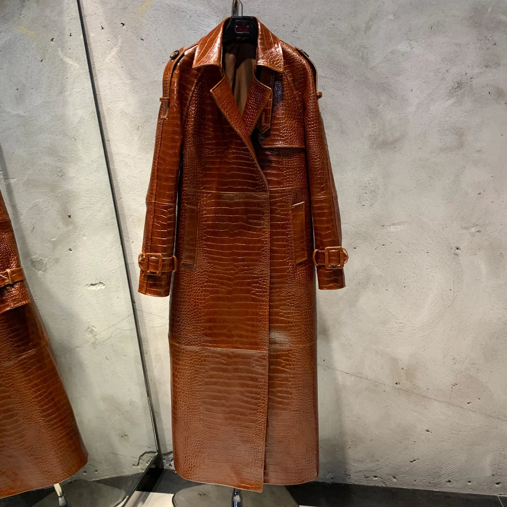 Leather Coat Orange Long Ladies Real Sheepskin Coat Genuine Sheep Leather Windbreak Long 21018
