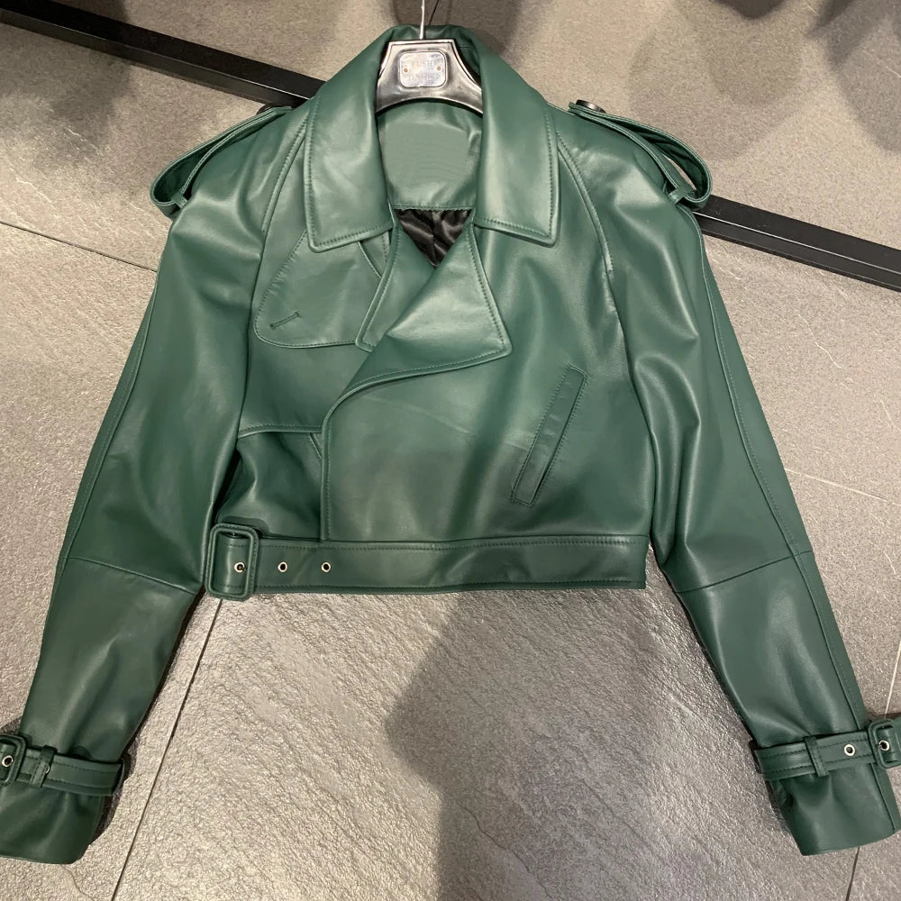 Embossed Leather Jacket Women Winter Genuine Sheep Leather Coat Wide Shoulder and Paddad 23012
