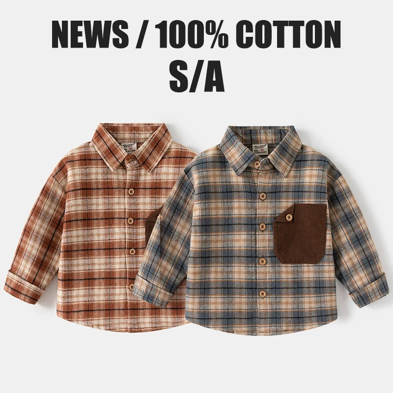 2-7 Years Shirts For Children 2025 Kids Clothes Boys Shirts With Collar Cotton Long Sleeved Plaid Casual Top Blouse For Boy